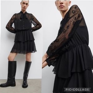 Zara Mini Black Tiered Ruffle Dress w/ Long Lace Sleeves NWT